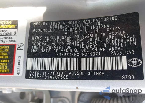 2012 Toyota Camry Se/Le/Xle z USA, uszkodzony, nr VIN 4T4BF1FKXCR219374